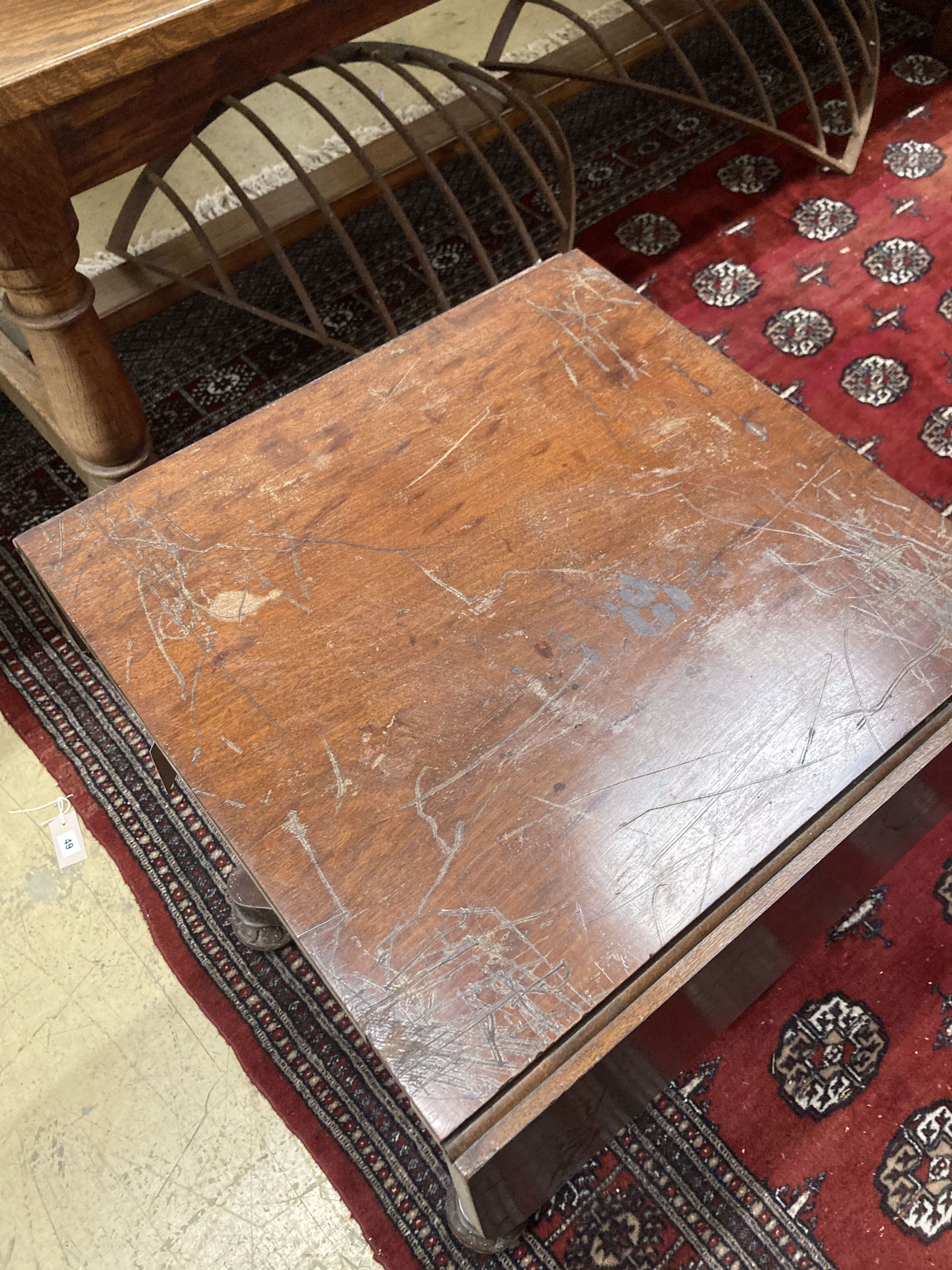 An early Victorian mahogany drop flap work table, width 49cm, depth 49cm, height 74cm